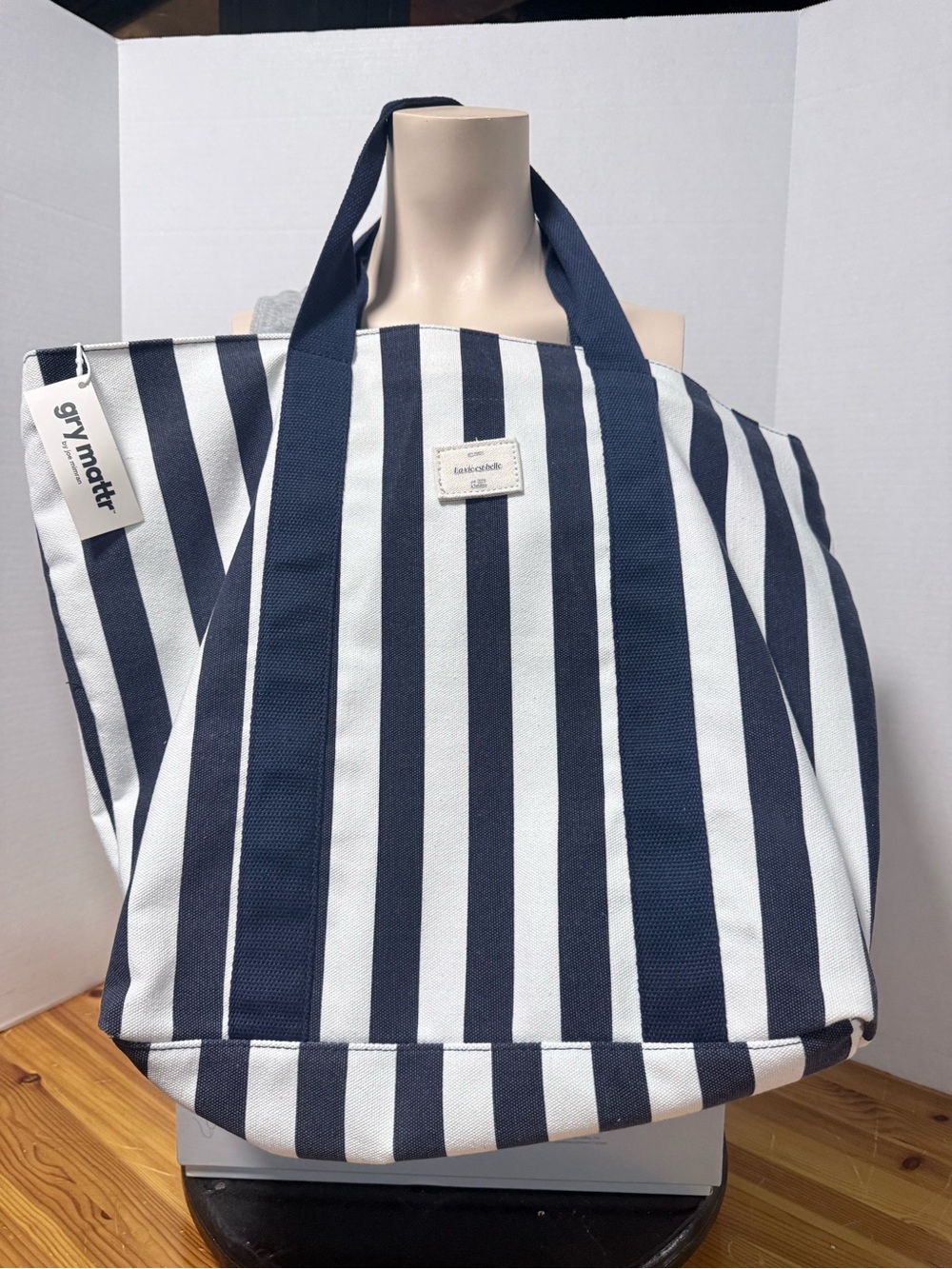 Striped Navy & White Canvas Tote Bag with Navy Handles
